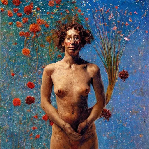 Image similar to a full body sculpture portrait made of stars and dust and flowers and plants, painting part by wojciech siudmak, part by ilya repin, part by max ernst, part by norman rockwell, artstation