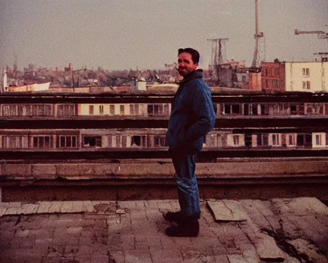 Image similar to lomo photo of man standing on the roof of soviet hrushevka, small town, cinestill, bokeh, out of focus