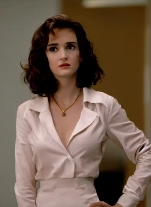 Image similar to stunning young Winona Ryder in the Wolf of Wallstreet, debut, movie screenshot