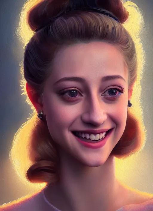 Image similar to portrait of lili reinhart with fluffy bangs, smiling kindly, bangs, 1 9 6 0 s, ponytail, curly bangs and ponytail, intricate, elegant, glowing lights, highly detailed, digital painting, artstation, concept art, smooth, sharp focus, illustration, art by wlop, mars ravelo and greg rutkowski