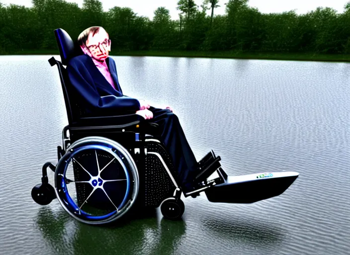 Prompt: stephen hawking wheelchair going across water like a jet ski, realistic, detailed