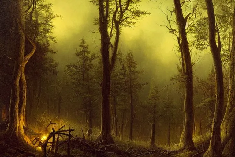 Prompt: dark and spooky painting of a forest dimly lit by fire at night with a scary tall and slender man in the woods. muted colour palette, detailed oil painting by asher brown durand
