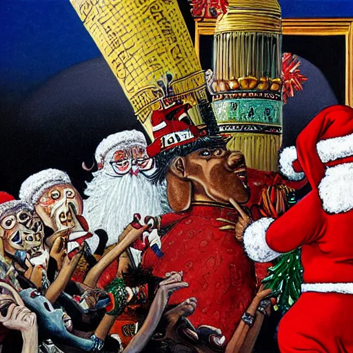 Prompt: a detailed painting of rameses ii slapping santa claus by gerald scarfe and ralph steadman