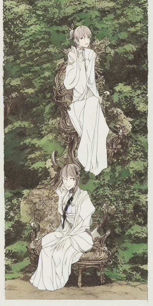 Image similar to an empress sitting by herself on a sofa in a forest wearing a white robe drawn by cloverworks studio, elegant, beauty, tarot card