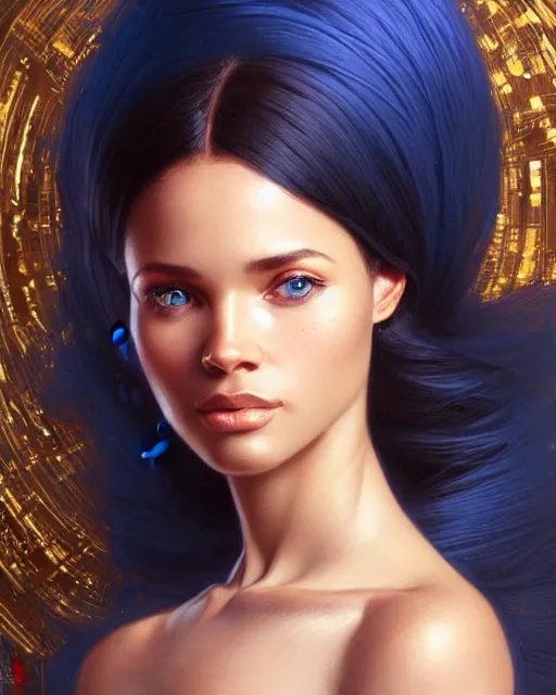 Image similar to Portrait of very very very very very very beautiful nigerian woman, spacesuit, blue eyes, real life skin, intricate, elegant, highly detailed, artstation, concept art, smooth, sharp focus, art by artgerm and greg rutkowski and alphonse mucha