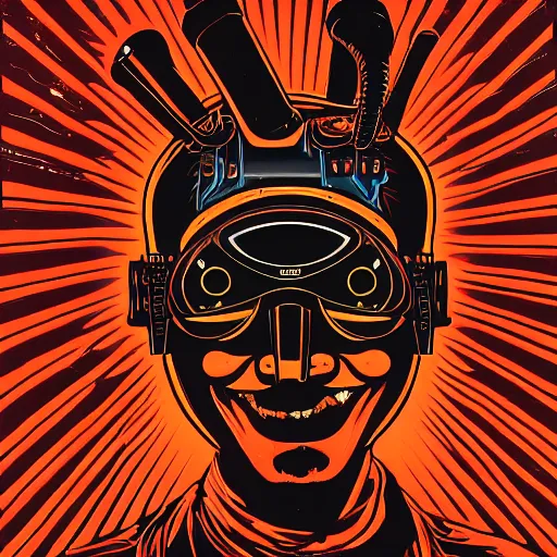 Image similar to Illustrated by Shepard Fairey and H.R. Geiger | Cyberpunk Clown Vampire with VR helmet, surrounded by cables