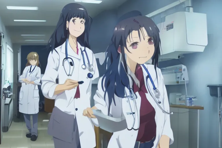 Prompt: a cute young female doctor wearing white coat are doing an operation in a hospital, slice of life anime, cinematic, lighting, 8kHDR, anime scenery by Makoto shinkai