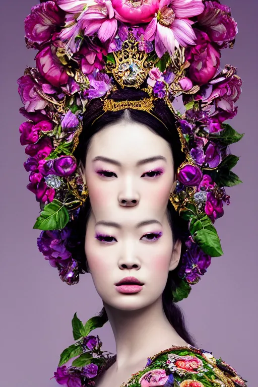 Image similar to a beautiful empress portrait, with a brilliant, impossible striking big flower headpiece, clothes entirely made out of flowers, symmetrical, dramatic studio lighting, rococo, baroque, jewels, asian, hyperrealism, closeup, D&D, fantasy, intricate, elegant, highly detailed, digital painting, artstation, octane render, 8k, concept art, matte, sharp focus, illustration, art by Artgerm and Greg Rutkowski and Alphonse Mucha