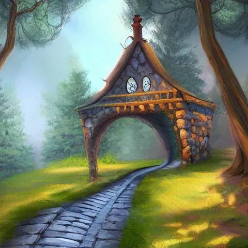 Image similar to house fairytale, path in curve shape leading to the house, oil painting, hd, 8 k, trending artstation,