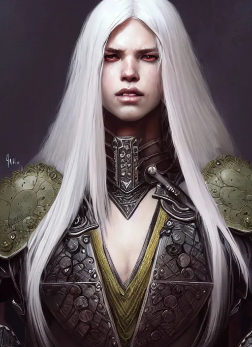 Prompt: warrior, leather armor!!! long wild white hair!! covered chest!!! fantasy, d & d, intricate ornate details, digital painting, pretty face!!, symmetry, concept art, sharp focus, illustration, art by artgerm! greg rutkowski magali villeneuve wlop! ilya kuvshinov!!, octane render