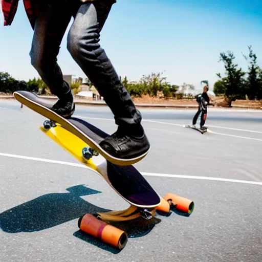 Prompt: a skateboard riding on top of a human