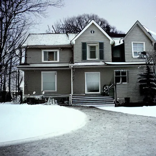 Prompt: a high flash photo of a suburban home from the street during winter, 2 0 0 6, taken with a disposable camera