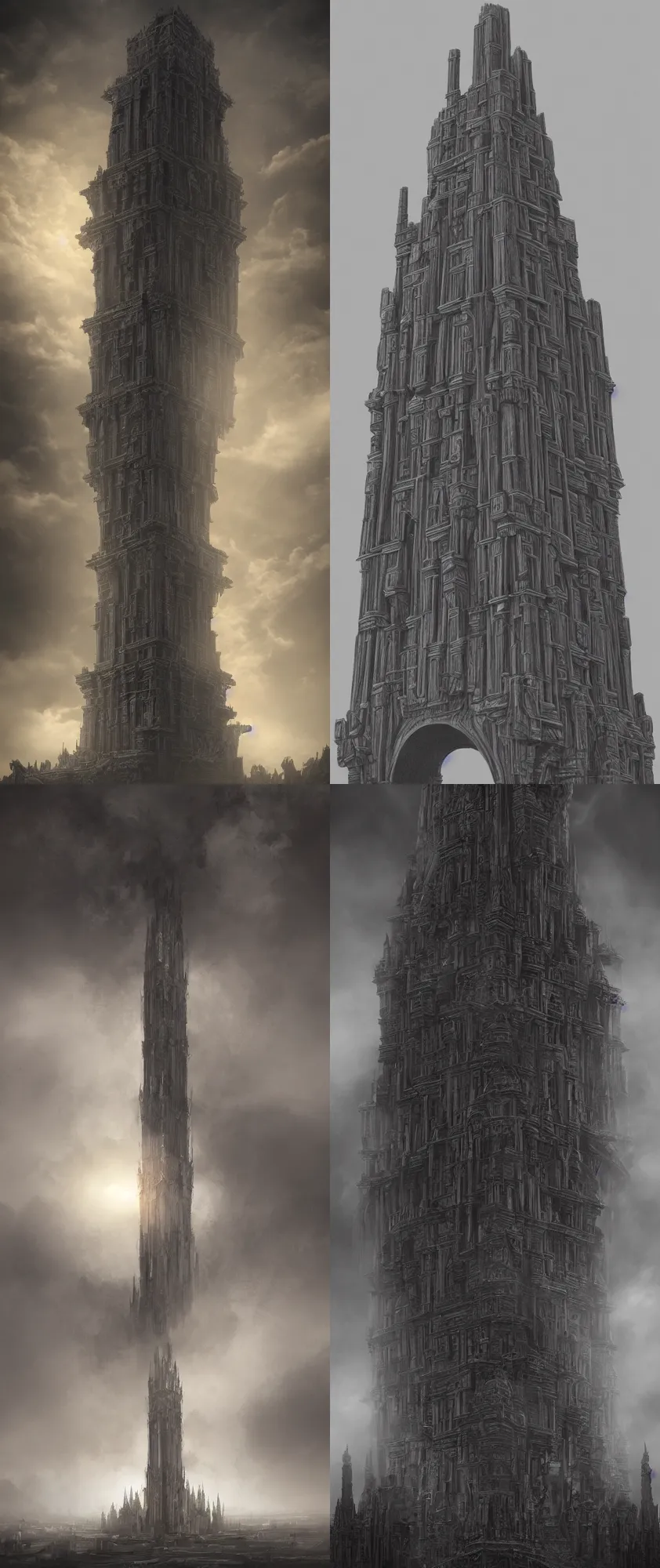 Prompt: Trending on Artstation. An immense, intricate, mysterious tower. Mist unfurling from it\'s ground