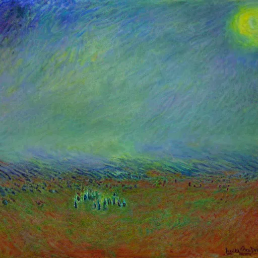 Prompt: painting of an alien invasion apocalypse in the style of Claude Monet