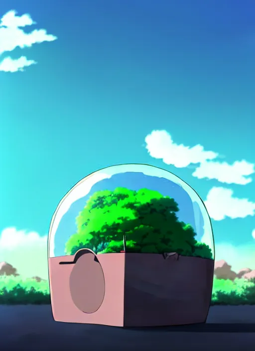 Image similar to an asymmetrical cell - shaded studio ghibli concept art study of a black cube inside a bubble in the sky. wide shot, very dull colors, hd, 4 k, hq