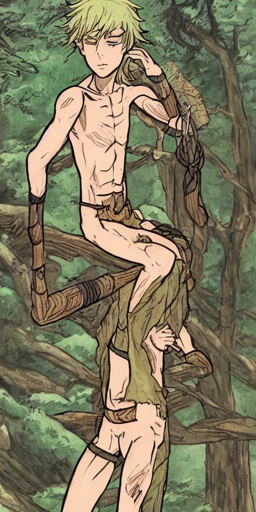 Image similar to an wood elf boy getting ready for an high fantasy adventure on the mountain side, anime style, tarot card, Tarot card the fool