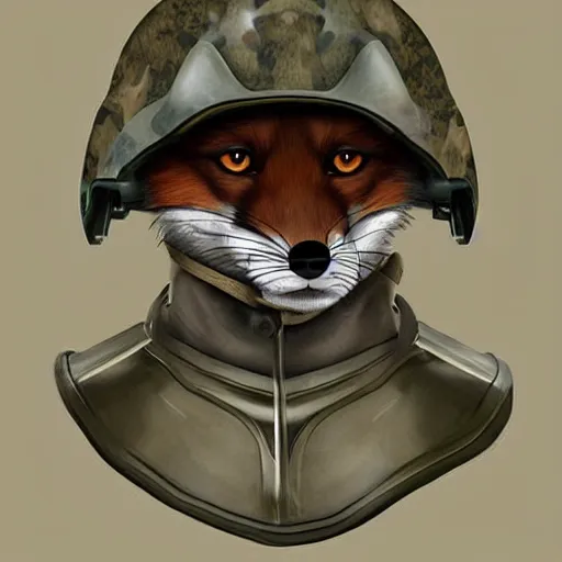 Prompt: a fox wearing a military helmet, portrait, beautiful, leaves on head, different camo styles, neutral background, digital art, realistic and stylized, retro look