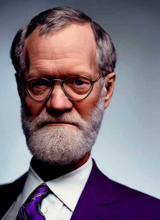 Image similar to platon closeup photograph of david letterman in a purple suit, photorealistic, studio lighting, ektachrome, detailed, intricate, face detail