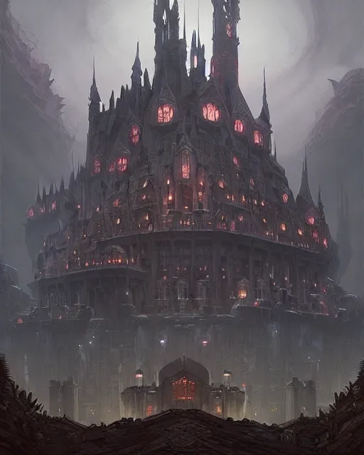 Prompt: professional ominous concept art of a massive fantasy castle by artgerm and greg rutkowski. an intricate, elegant, highly detailed digital painting, concept art, smooth, sharp focus, illustration, in the style of simon stalenhag, wayne barlowe, and igor kieryluk.