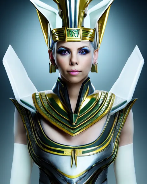 Image similar to perfect white haired attractive egyptian goddess, warframe armor, pharaoh headdress, beautiful, symmetric, dreamy, half asian, pretty face, green eyes, charlize theron, detailed, scifi platform, laboratory, experiment, 4 k, ultra realistic, epic lighting, android body, illuminated, cinematic, masterpiece, art by akihito tsukushi, voidstar