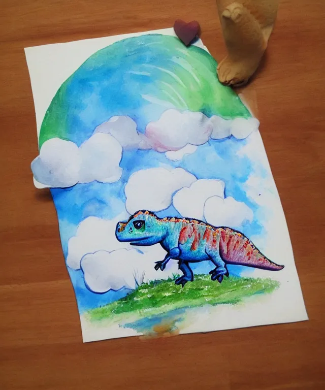 Image similar to a cute little dinosaur, water painting, heart - shaped clouds