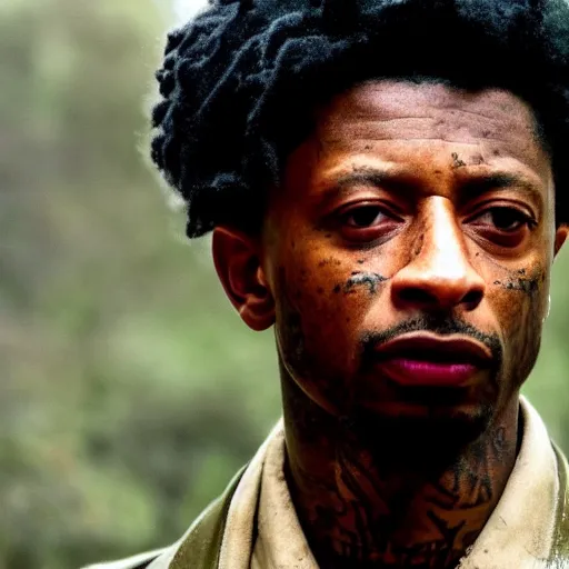 Prompt: first shot of 2 1 savage in rambo remake, directed by christopher nolan, ( eos 5 ds r, iso 1 0 0, f / 8, 1 / 1 2 5, 8 4 mm, postprocessed, crisp face, facial features )