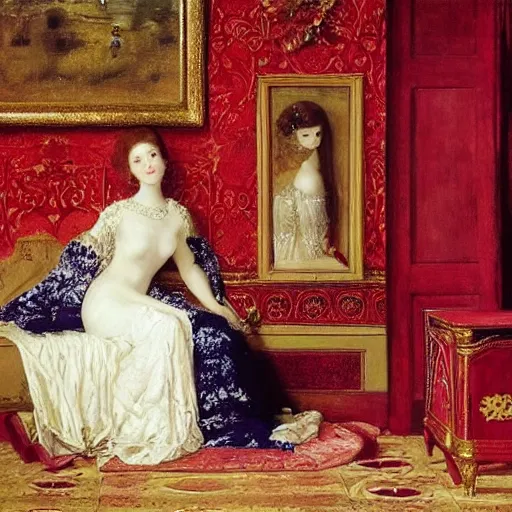 Image similar to a very very beautiful portrait of a young beautiful wealthy princess inside a very beautiful room by Frank Cadogan Cowper, graceful gaze, dreamlike, ethereal, surrealism