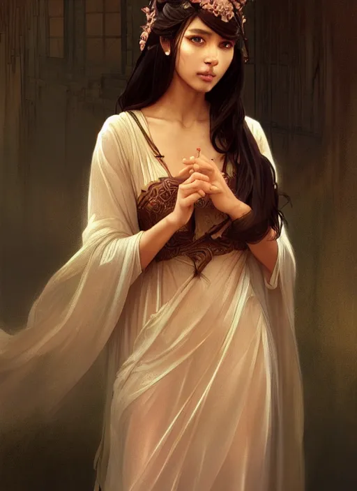 Image similar to cute brown woman wearing a transparent night gown and hanfu face veil, fantasy, intricate, highly detailed, digital painting, artstation, concept art, wallpaper, smooth, sharp focus, illustration, art by artgerm and greg rutkowski and alphonse mucha