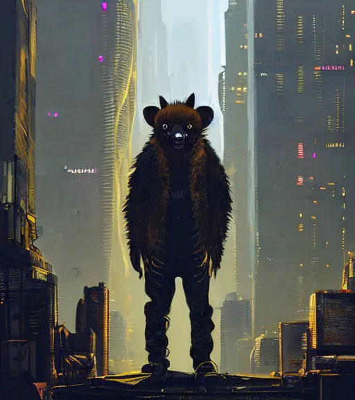 Image similar to new york city portrait of furry anthro anthropomorphic spotted hyena head animal person fursona wearing clothes strange cybernetic muzzle gloomy rainy screenshot from the video game cyberpunk 2077 digital art by Greg Rutkowski, Simon Stalenhag, christopher nolan trending on Artstation, CGSociety