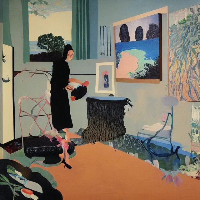 Image similar to female emo art student in her lounge room, painting of flood waters inside an artist's loungeroom, a river flooding indoors, pomegranates, pigs, ikebana, water, octopus, river, rapids, waterfall, black swans, canoe, berries, acrylic on canvas, surrealist, by magritte and monet