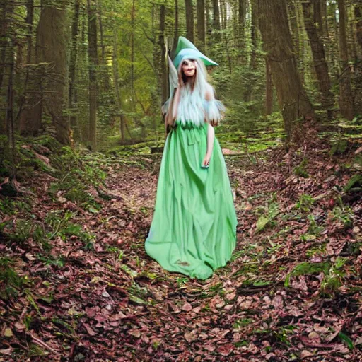 Prompt: a realistic portrait of a realistic female elf with a long withe and light green dress walking in the woods , perfect and hyperrealistic ultra detailed face, by WLOP