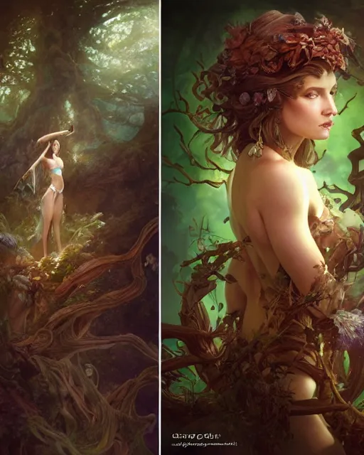 Image similar to dryad, stern like athena, a singer, portrait, swooning with forest creatures, studio lighting by jessica rossier and brian froud and gaston bussiere