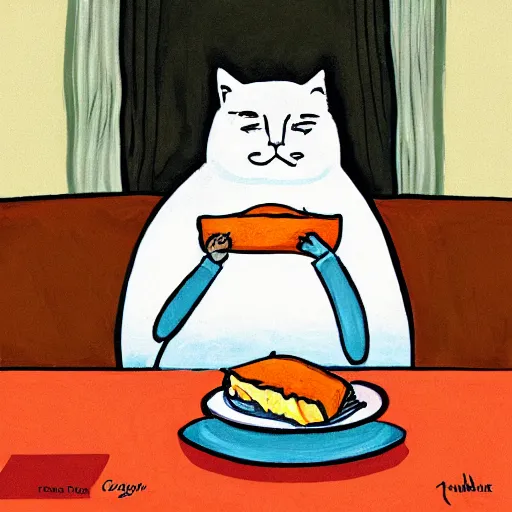 Image similar to fat orange cat on a table with lasagna new yorker cartoon