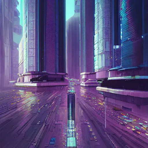 Prompt: a beautiful ultradetailed painting of a futuristic city center, trending on artstation, art by beeple, art by hayao miyazaki