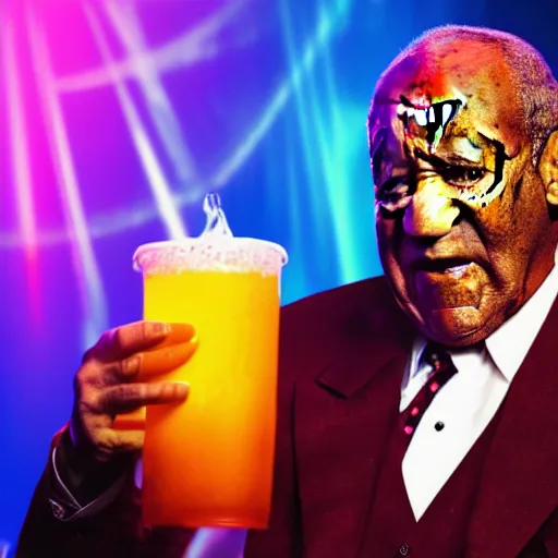 Image similar to an award winning cinematic still of Bill Cosby offering large glowing drink in nightclub background, sinister colorful 16k hyper realistic photograph, centered, dramatic lighting