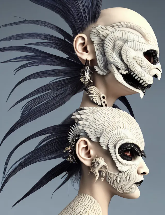 Image similar to 3 d goddess close - up profile portrait punk with mohawk in victorian style with ram skull. beautiful intricately detailed japanese crow kitsune mask and clasical japanese kimono. betta fish, jellyfish phoenix, bio luminescent, plasma, ice, water, wind, creature, artwork by tooth wu and wlop and beeple and greg rutkowski