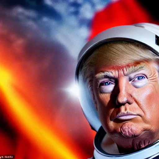 Prompt: A dramatic up close shot of Donald Trump staring into the camera as an astronaut, extremely detailed award winning photo, surreal