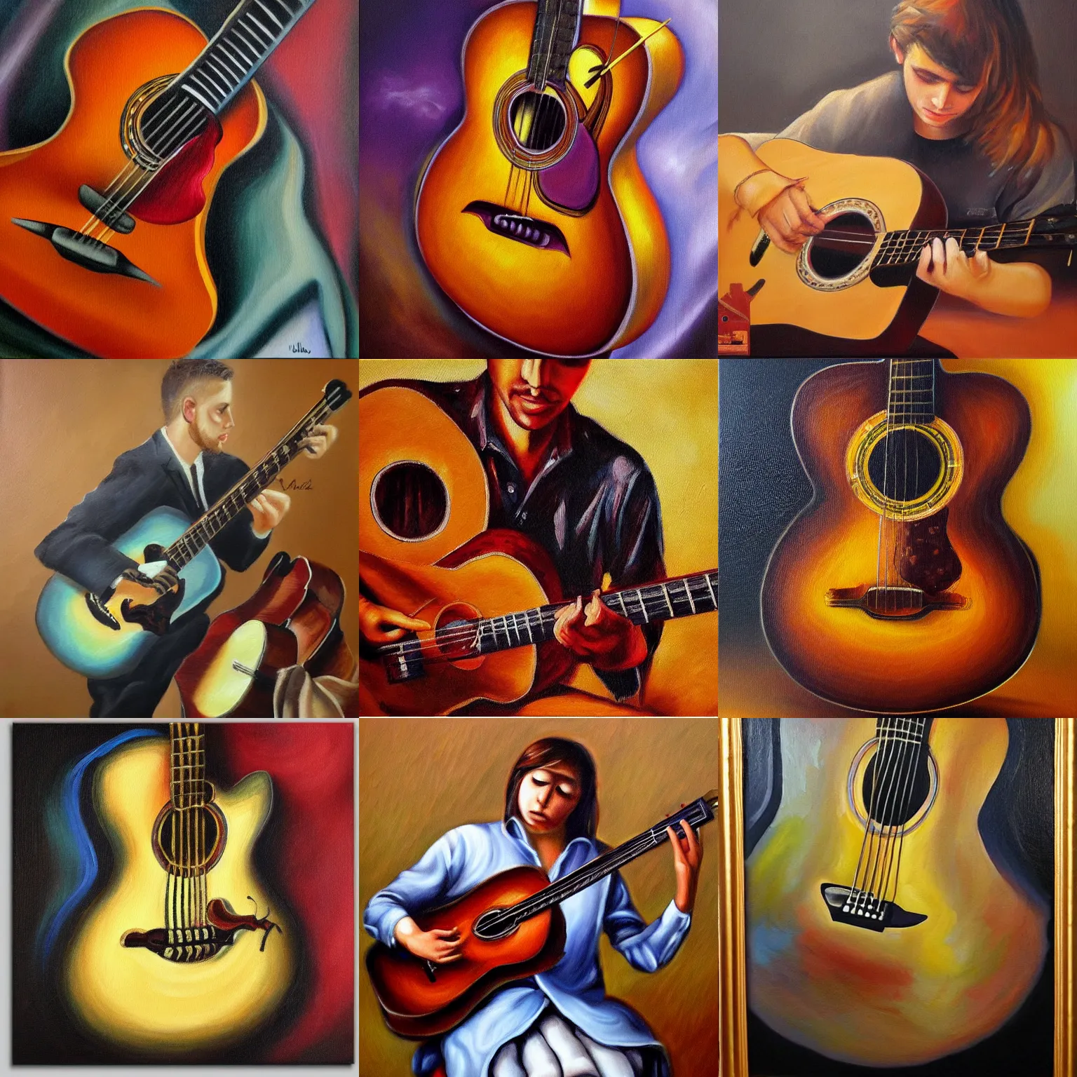 Prompt: oil panting on canvas, guitar, romantic, warm, musical notes, detailed, realistic