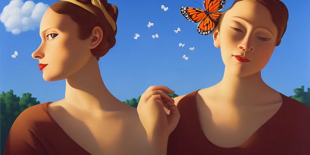 Prompt: butterfly on the head, blue sky, summer evening, kenton nelson