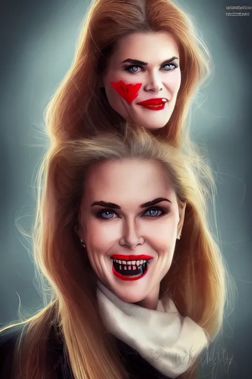 Image similar to mix of beautiful young maria shriver, mariel hemmingway, brooke shields, nicole kidman and elle macpherson as a vampire showing vampire teeth, ready to bite, thin lips, hair tied up in a pony tail, dark blonde hair, colorful, artstation, cgsociety