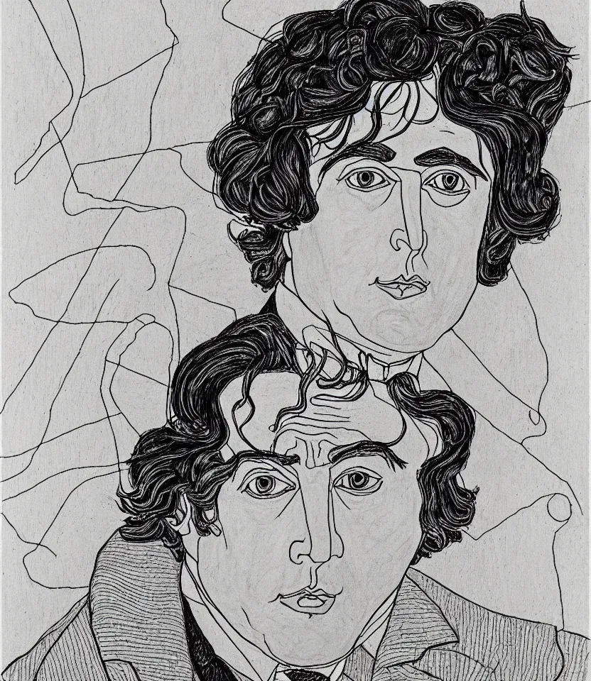 Image similar to detailed line art portrait of oscar wilde, inspired by egon schiele. caricatural, minimalist, bold contour lines, musicality, soft twirls curls and curves, confident personality, raw emotion