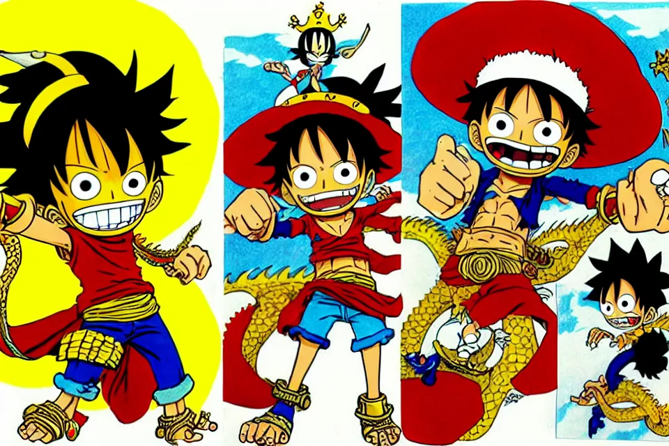 Image similar to concept sketches of luffy wearing a gold crown riding a large dragon by jamie hewlett, in the style of megaman, micro detail