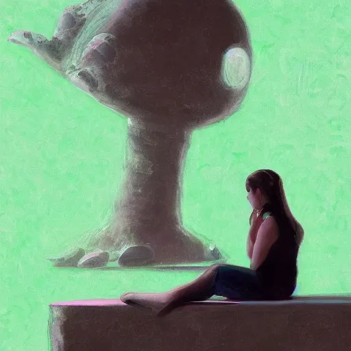 Image similar to painting of a woman sitting in front of a giant turtle in contemplation. green muted colour scheme. trending on artstation. detailed.