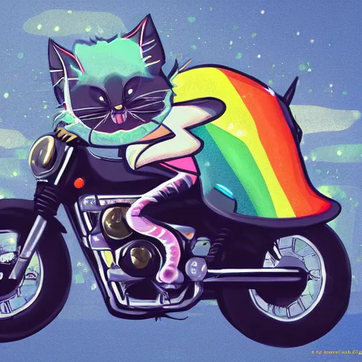 Image similar to wide angle full body, jacket wearing fluffy cute rainbow kitten wearing a black leather motorcycle jacket, riding on a motorcycle, cinematic concept art