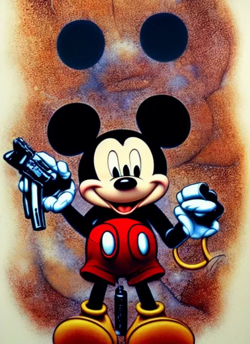 Prompt: realistic detailed image of Mickey Mouse holding a gun, Ayami Kojima, Amano, Karol Bak, Greg Hildebrandt, and Mark Brooks, Neo-Gothic, gothic, rich deep colors. Beksinski painting. art by Takato Yamamoto. masterpiece. ultra details, high quality, high resolution .