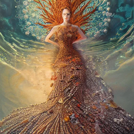 Image similar to Oil painting of sea queen wearing a detailed dress, the dress is made of shells and seaweed and coral, sorcerer, underwater, D&D, Magic The Gathering, by Craig Mullins, intricate details, light rays from the surface, Nekro, Victo Ngai, centered, symmetrical, volumetric lighting