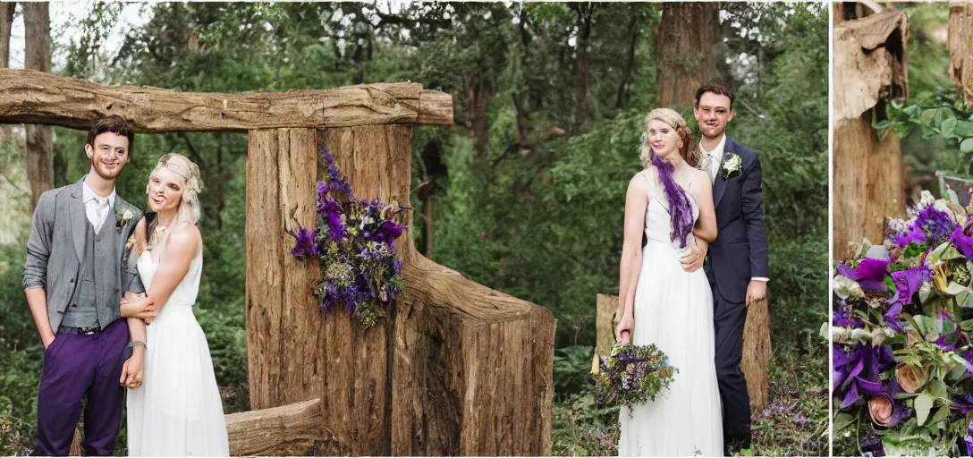 Prompt: modern wedding photography. rustic bohemian. young couple. purple and green. woodsy, old church, flowers.