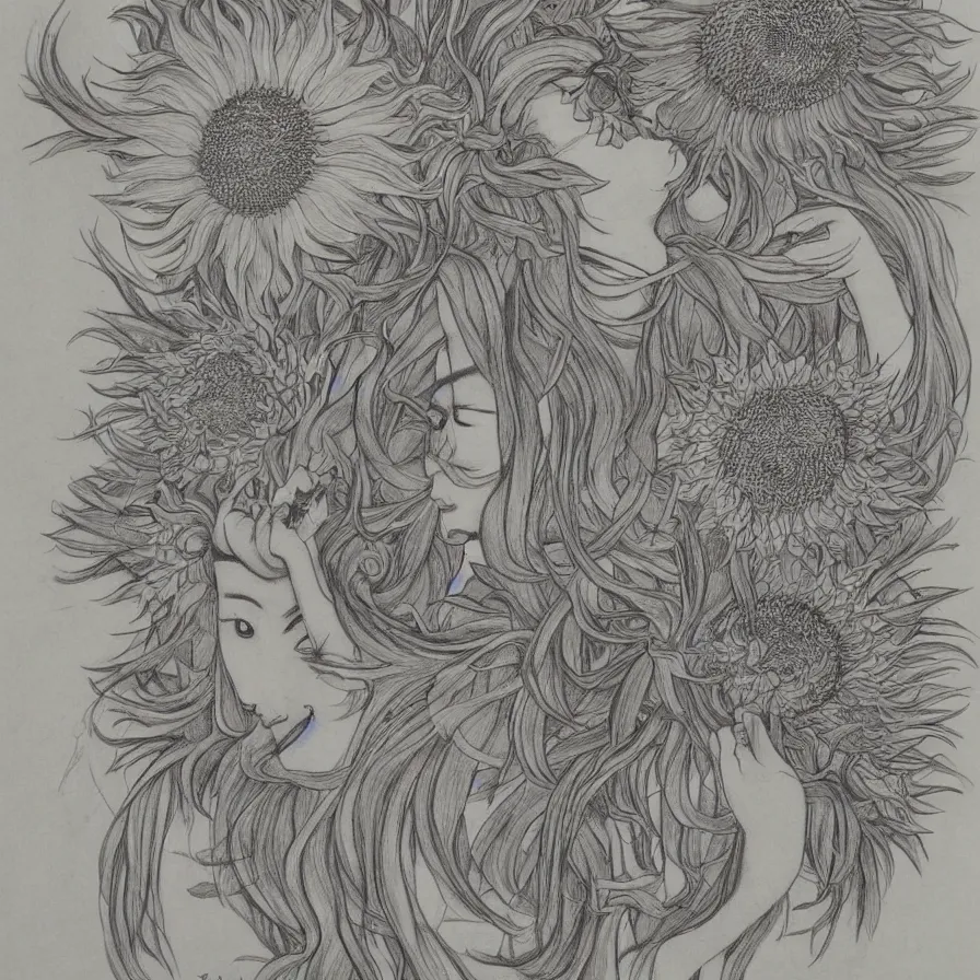 Prompt: chinese female sunflower deity gray face long vine helianthus flowers detailed drawing