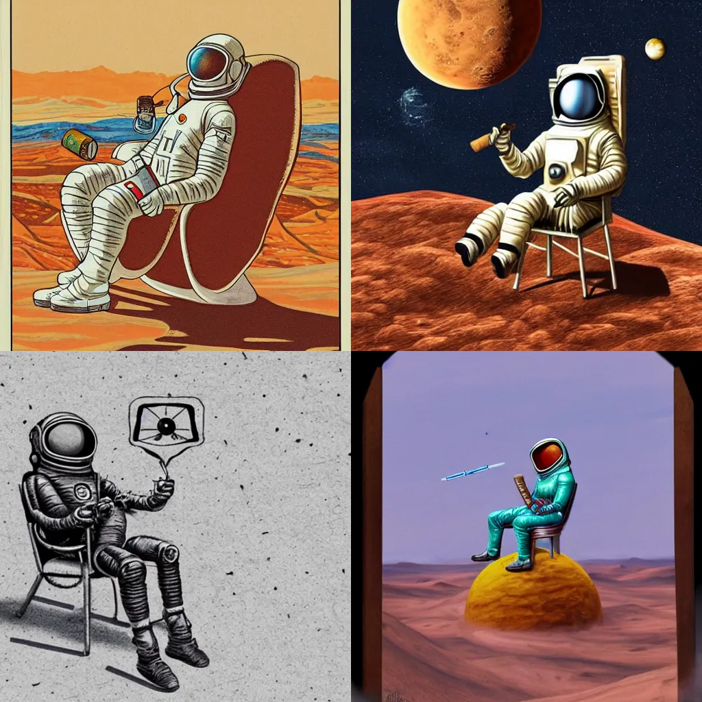 Prompt: Surrealism astronaut on mars in a long chair smoking a cigar