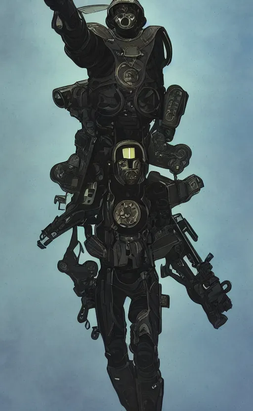 Prompt: a top view shot of a man in black futuristic armor, holding a gun up to the sky, alphonse mucha , greg rutowski, illustration, science fiction, concept art, digital painting, Trending on artstation